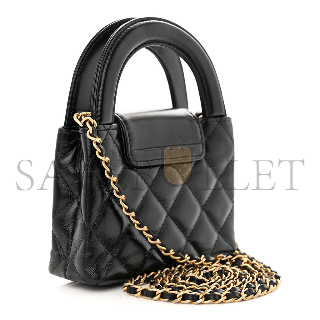 CHANEL SHINY CALFSKIN QUILTED MINI NANO KELLY SHOPPER BLACK (12.5*8.3*4cm)